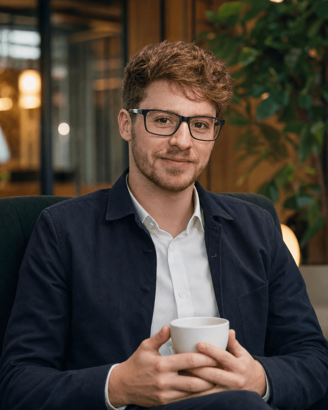 Markus Spenninger sitzt in einem modernen Büroumfeld mit einer Kaffeetasse